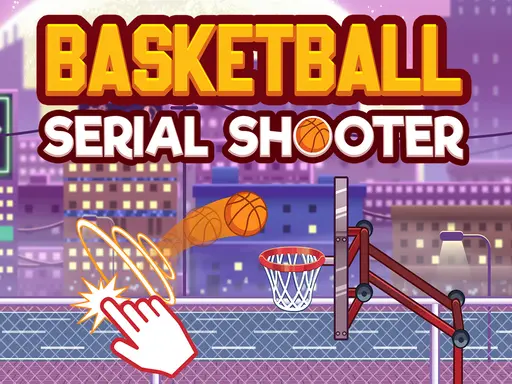 Ilustração de uma cesta de basquete com uma bola quicando em direção ao aro, uma mão branca com dedo apontado indicando o movimento da bola, fundo de quadra cercada por cerca e prédios ao entardecer. Texto em destaque: Basketball Serial Shooter.
